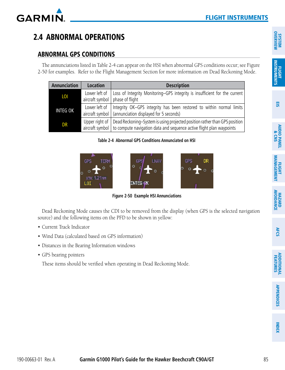 4 abnormal operations, Abnormal gps conditions, Flight instruments | Garmin G1000 King Air C90GT User Manual | Page 99 / 586
