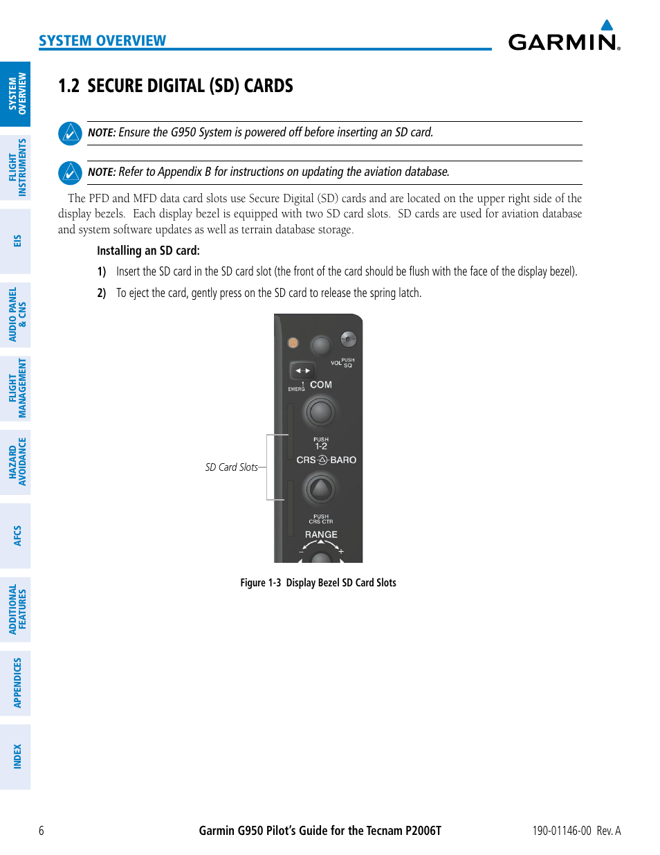 2 secure digital (sd) cards, System overview | Garmin G950 Tecnam 2006T User Manual | Page 18 / 348