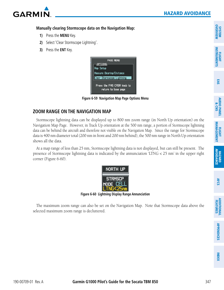 Hazard avoidance, Zoom range on the navigation map | Garmin G1000 Socata TBM 850 User Manual | Page 359 / 588