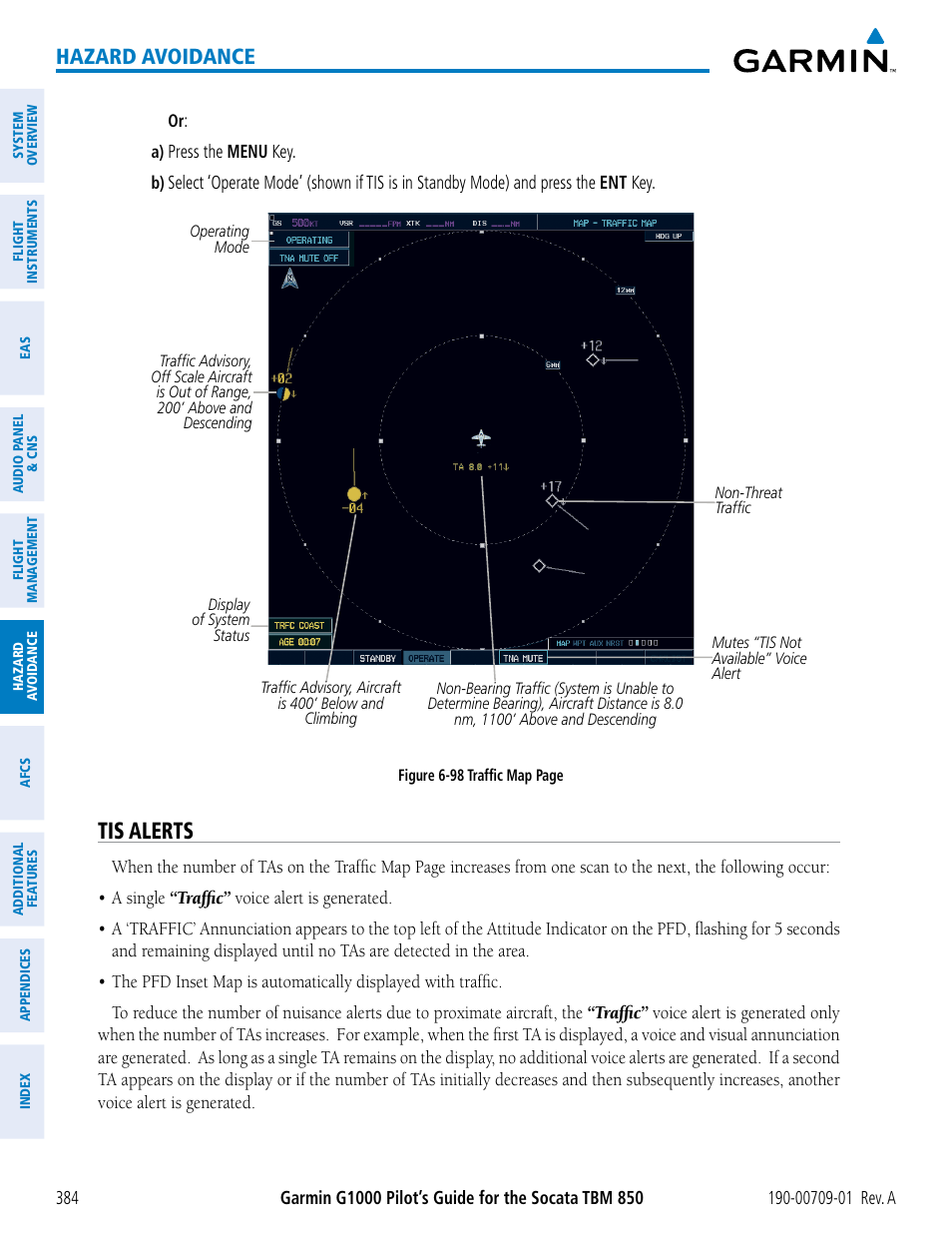 Tis alerts, Hazard avoidance | Garmin G1000 Socata TBM 850 User Manual | Page 396 / 588