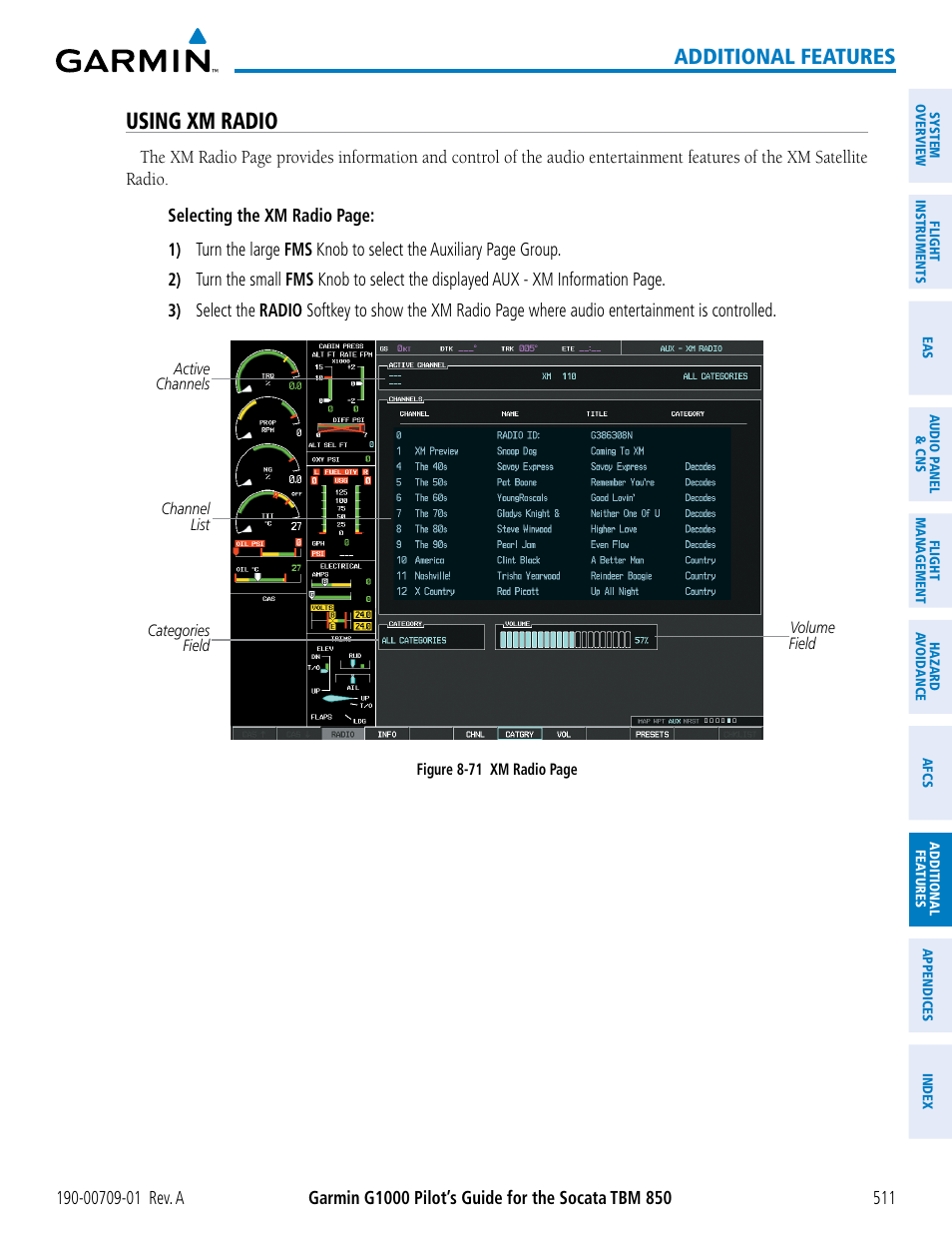 Using xm radio, Additional features | Garmin G1000 Socata TBM 850 User Manual | Page 523 / 588
