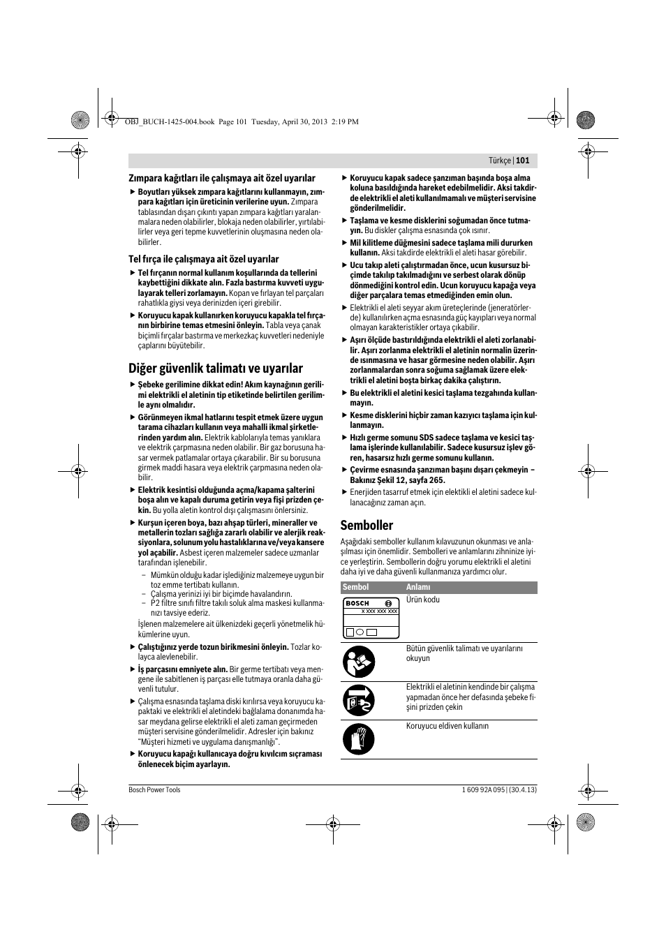 Diğer güvenlik talimatı ve uyarılar, Semboller | Bosch GWS 9-125 Professional User Manual | Page 101 / 270
