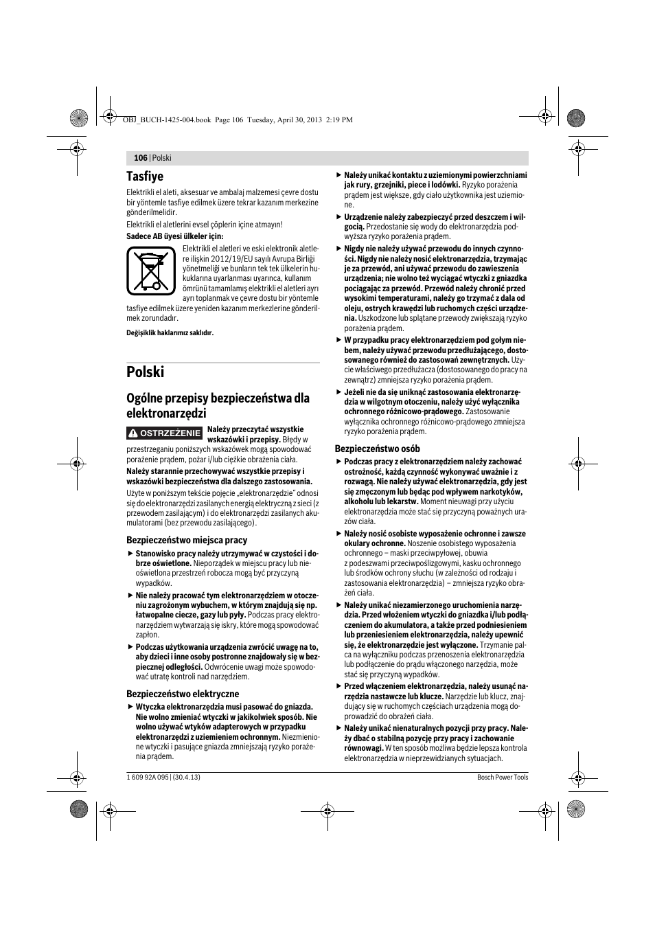 Polski, Tasfiye, Ogólne przepisy bezpieczeństwa dla elektronarzędzi | Bosch GWS 9-125 Professional User Manual | Page 106 / 270