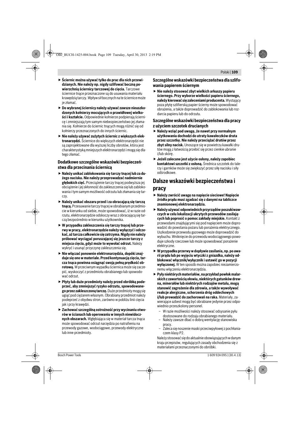 Dalsze wskazówki bezpieczeństwa i pracy | Bosch GWS 9-125 Professional User Manual | Page 109 / 270