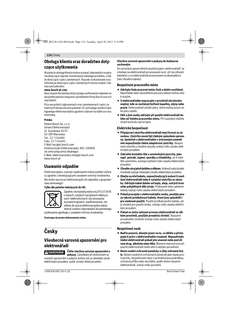 Česky, Usuwanie odpadów, Všeobecná varovná upozornění pro elektronářadí | Bosch GWS 9-125 Professional User Manual | Page 114 / 270