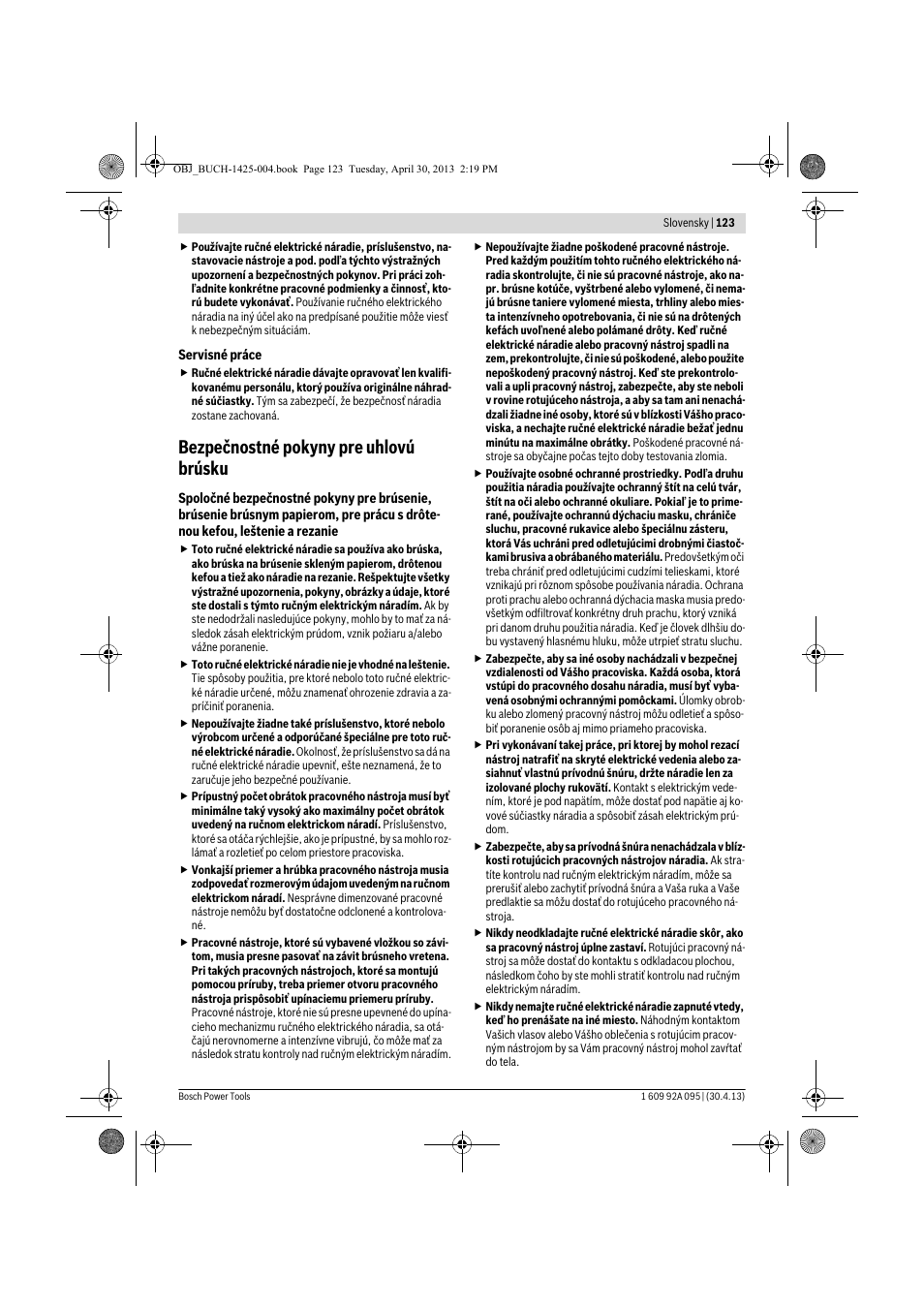 Bezpečnostné pokyny pre uhlovú brúsku | Bosch GWS 9-125 Professional User Manual | Page 123 / 270
