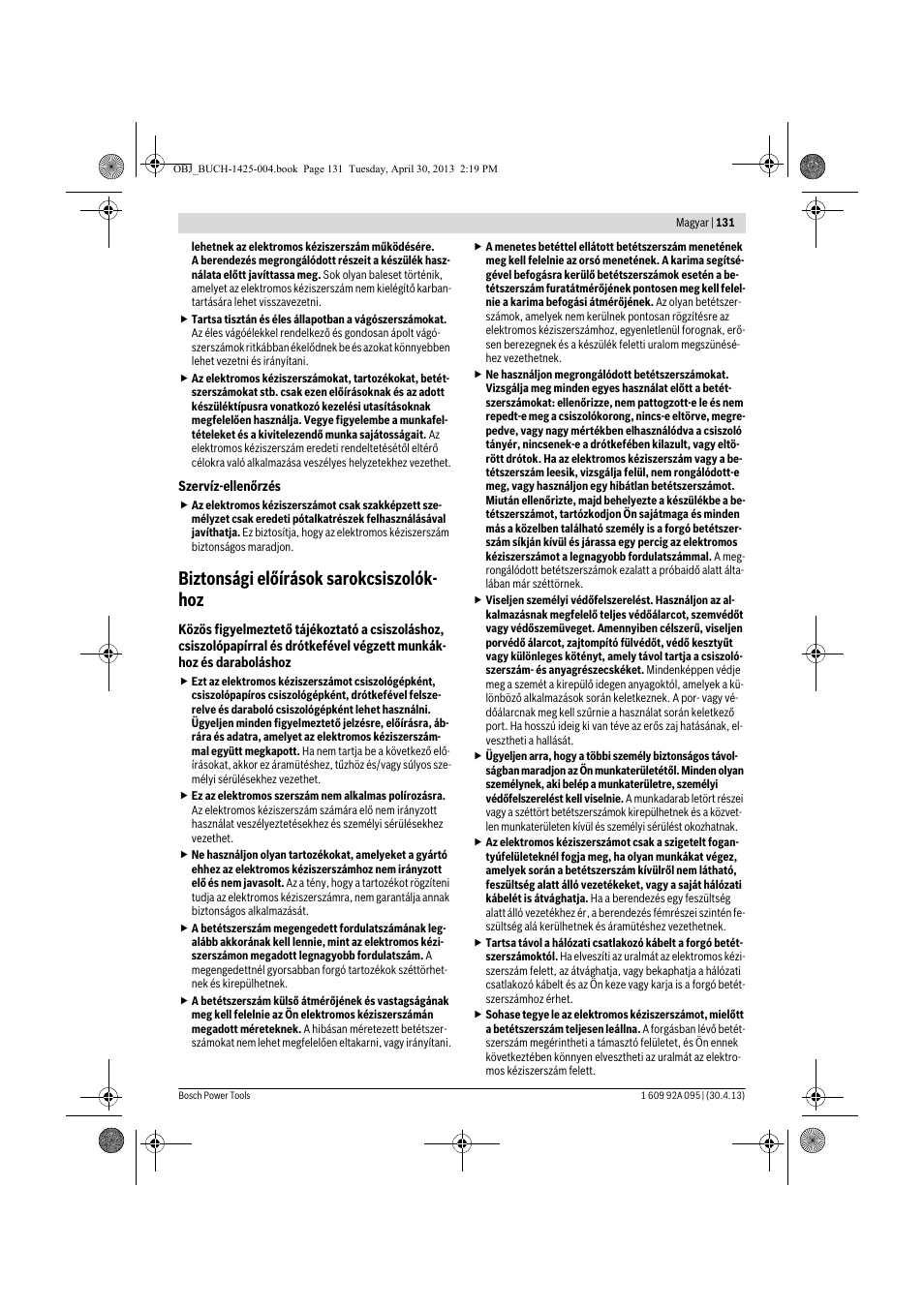 Biztonsági előírások sarokcsiszolók- hoz | Bosch GWS 9-125 Professional User Manual | Page 131 / 270