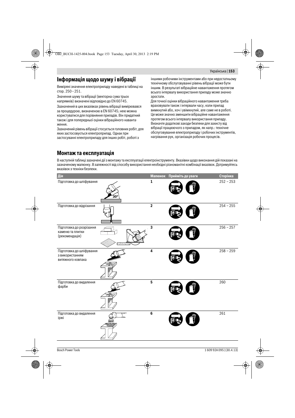 Інформація щодо шуму і вібрації, Монтаж та експлуатація | Bosch GWS 9-125 Professional User Manual | Page 153 / 270