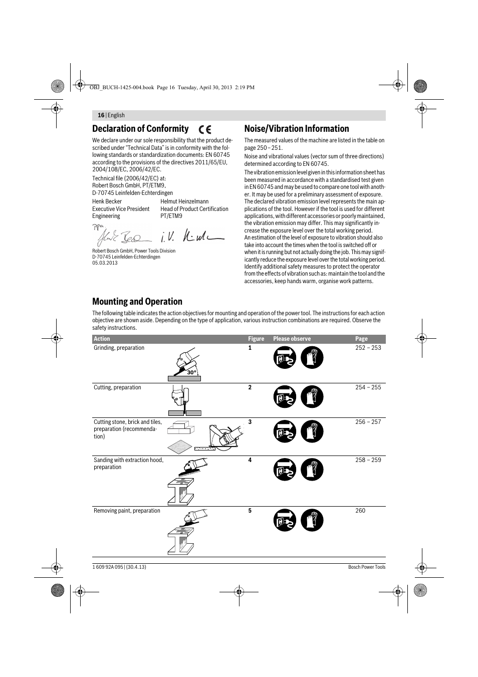 Declaration of conformity, Noise/vibration information, Mounting and operation | Bosch GWS 9-125 Professional User Manual | Page 16 / 270