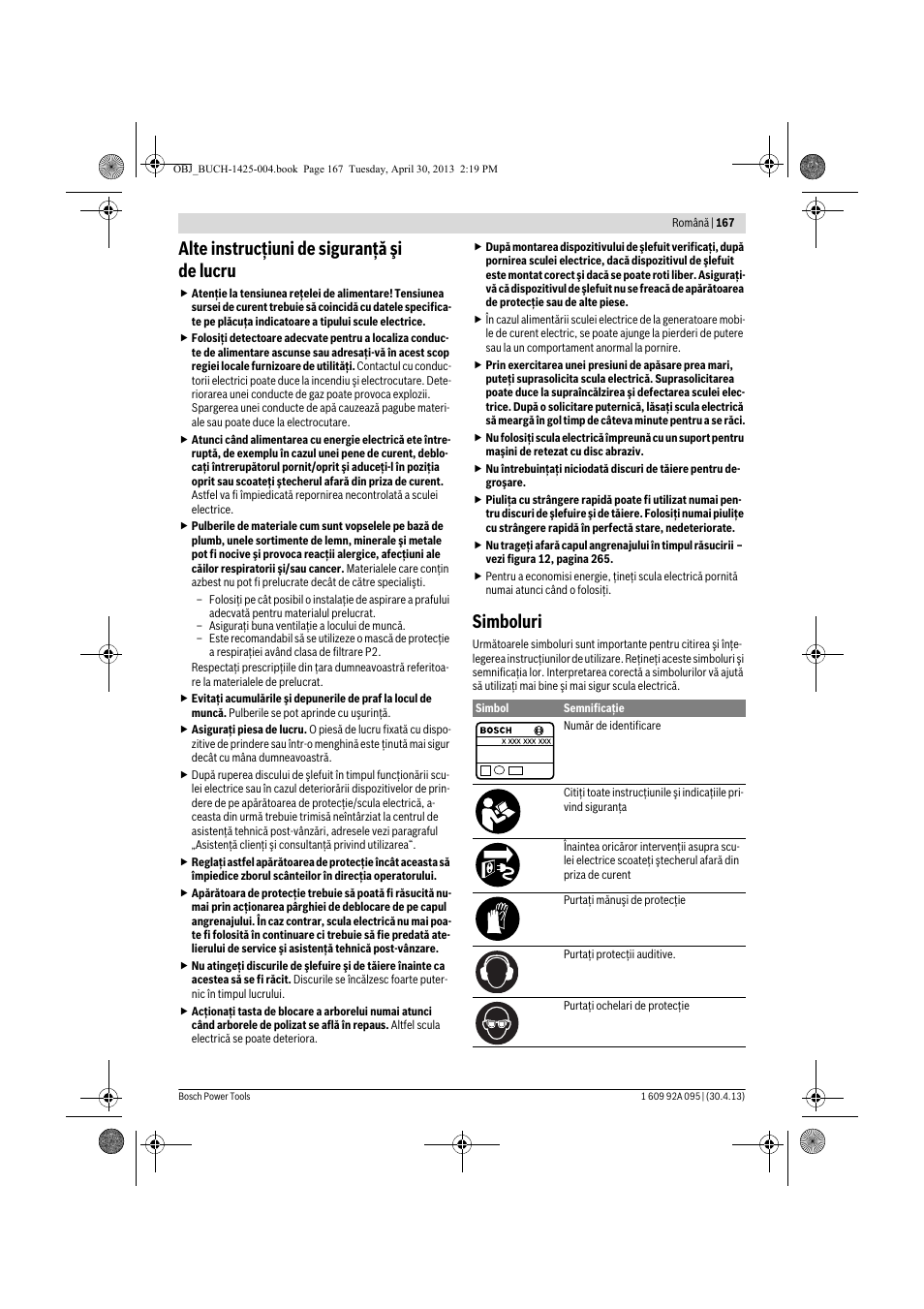 Alte instrucţiuni de siguranţă şi de lucru, Simboluri | Bosch GWS 9-125 Professional User Manual | Page 167 / 270