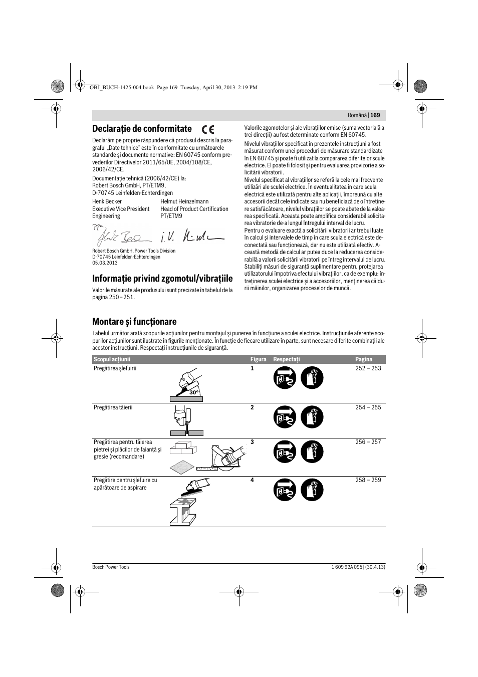 Declaraţie de conformitate, Informaţie privind zgomotul/vibraţiile, Montare şi funcţionare | Bosch GWS 9-125 Professional User Manual | Page 169 / 270