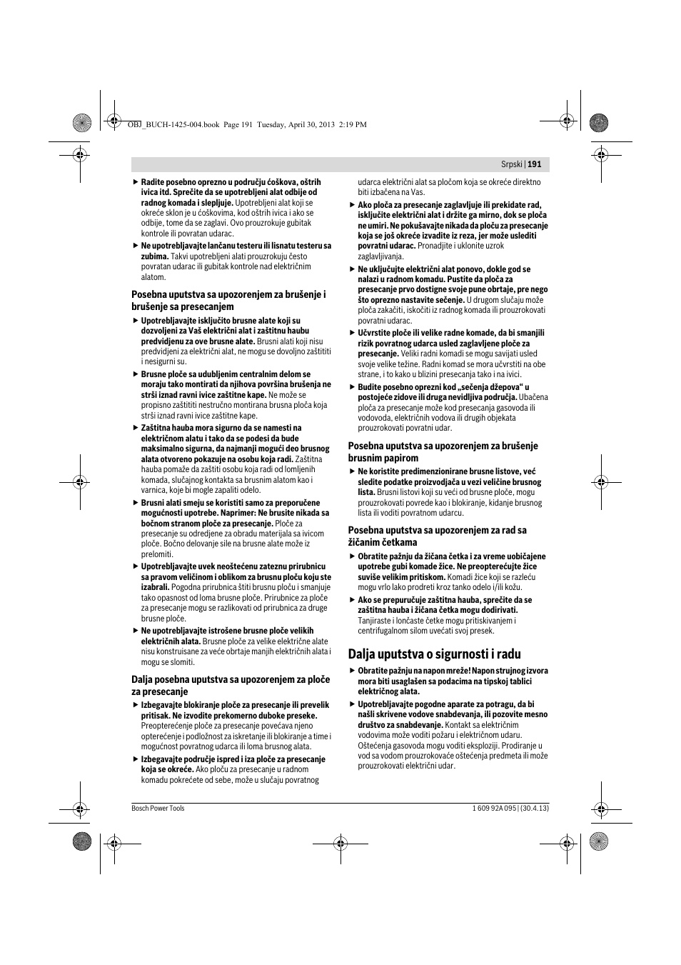 Dalja uputstva o sigurnosti i radu | Bosch GWS 9-125 Professional User Manual | Page 191 / 270