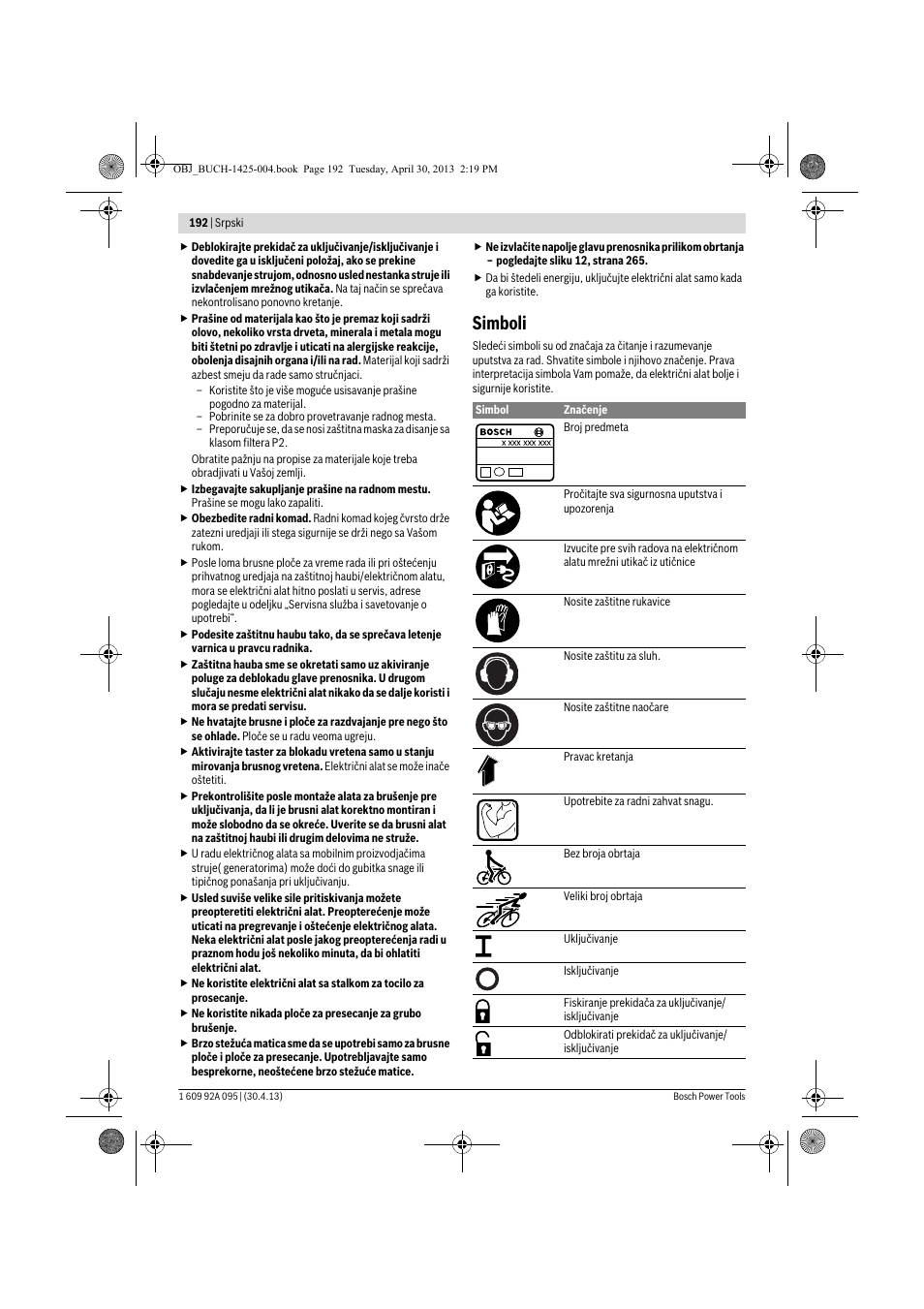Simboli | Bosch GWS 9-125 Professional User Manual | Page 192 / 270