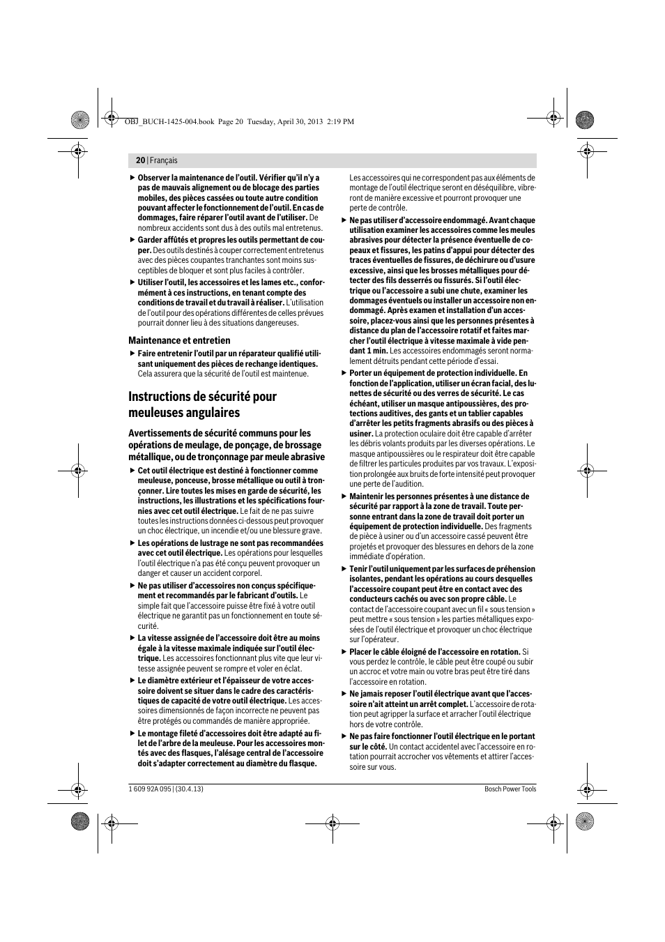 Instructions de sécurité pour meuleuses angulaires | Bosch GWS 9-125 Professional User Manual | Page 20 / 270