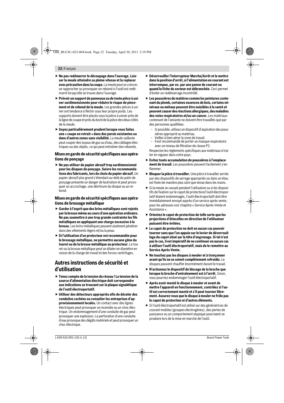 Autres instructions de sécurité et d’utilisation | Bosch GWS 9-125 Professional User Manual | Page 22 / 270