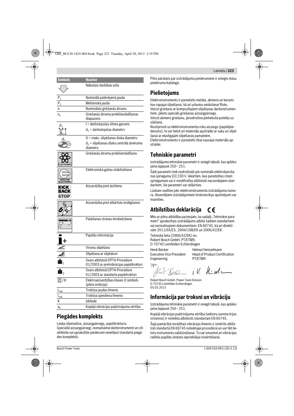 Piegādes komplekts, Pielietojums, Tehniskie parametri | Atbilstības deklarācija, Informācija par troksni un vibrāciju | Bosch GWS 9-125 Professional User Manual | Page 223 / 270