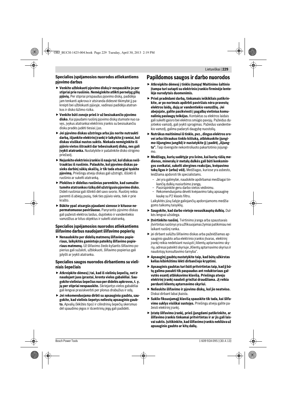 Papildomos saugos ir darbo nuorodos | Bosch GWS 9-125 Professional User Manual | Page 229 / 270