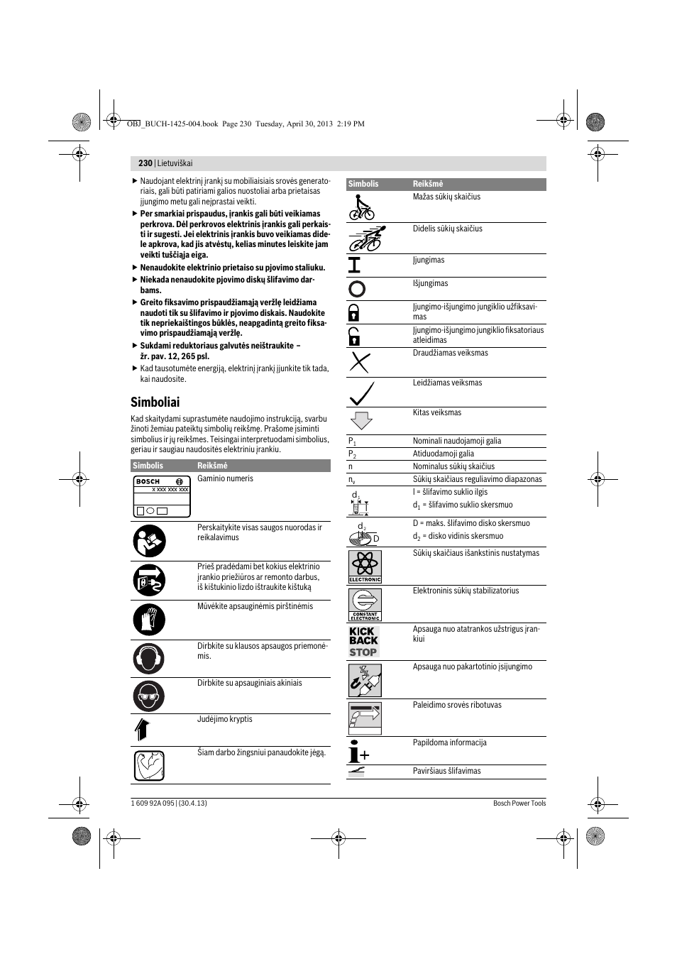 Simboliai | Bosch GWS 9-125 Professional User Manual | Page 230 / 270