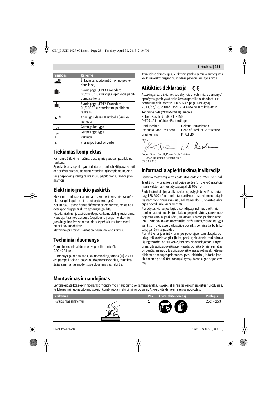 Tiekiamas komplektas, Elektrinio įrankio paskirtis, Techniniai duomenys | Atitikties deklaracija, Informacija apie triukšmą ir vibraciją, Montavimas ir naudojimas | Bosch GWS 9-125 Professional User Manual | Page 231 / 270