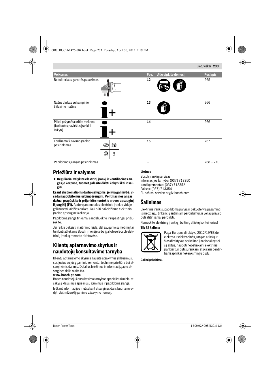 Priežiūra ir valymas, Šalinimas | Bosch GWS 9-125 Professional User Manual | Page 233 / 270