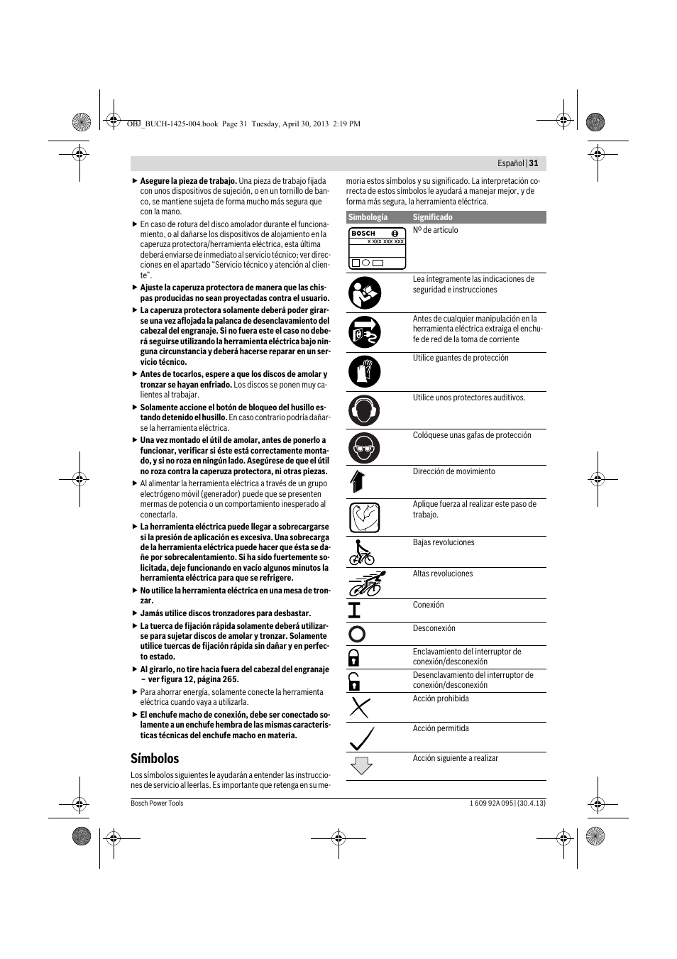 Símbolos | Bosch GWS 9-125 Professional User Manual | Page 31 / 270