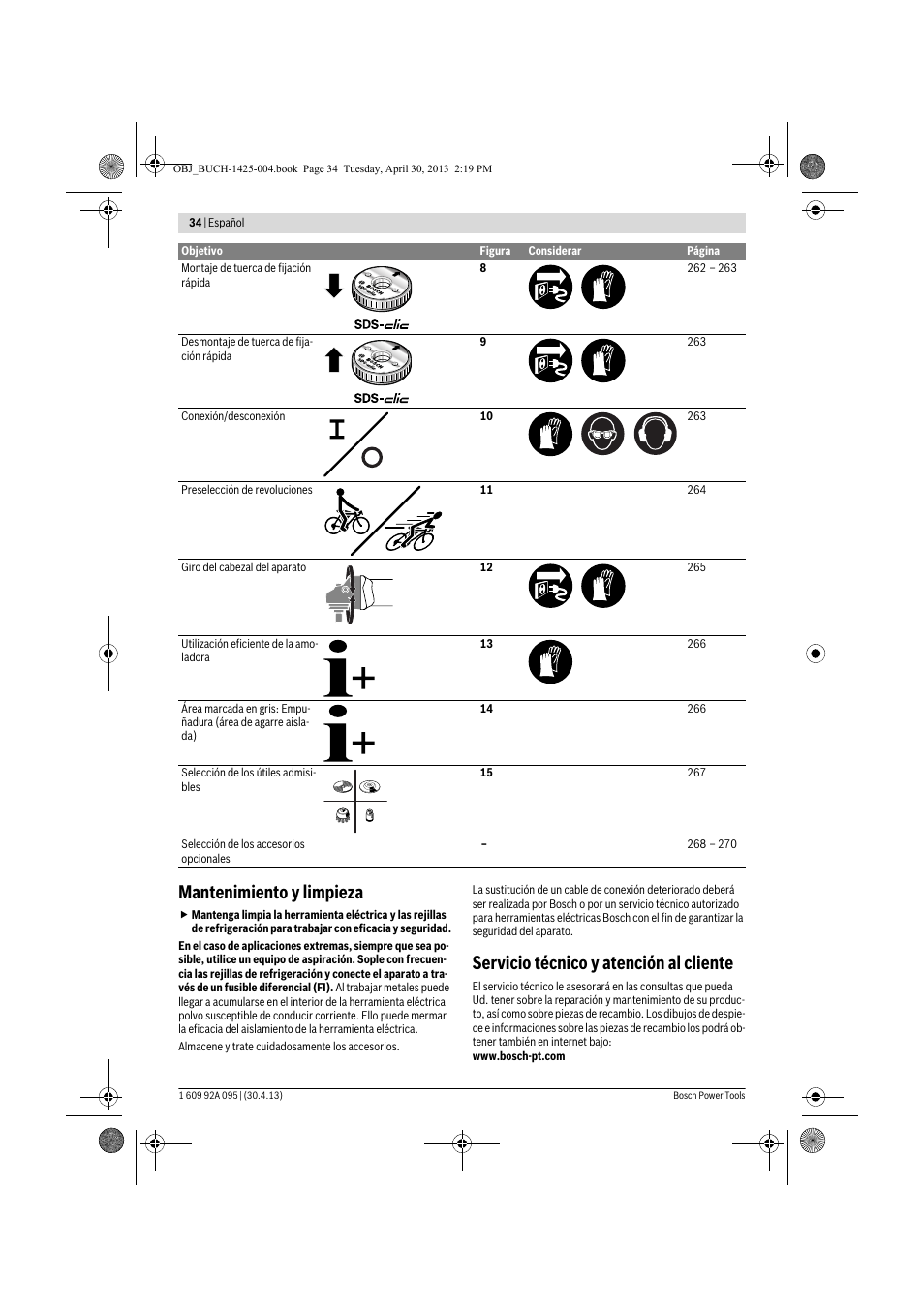 Mantenimiento y limpieza, Servicio técnico y atención al cliente | Bosch GWS 9-125 Professional User Manual | Page 34 / 270