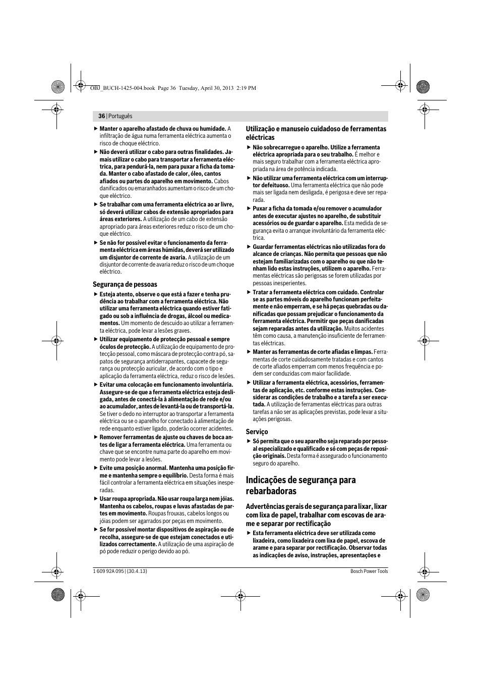 Indicações de segurança para rebarbadoras | Bosch GWS 9-125 Professional User Manual | Page 36 / 270