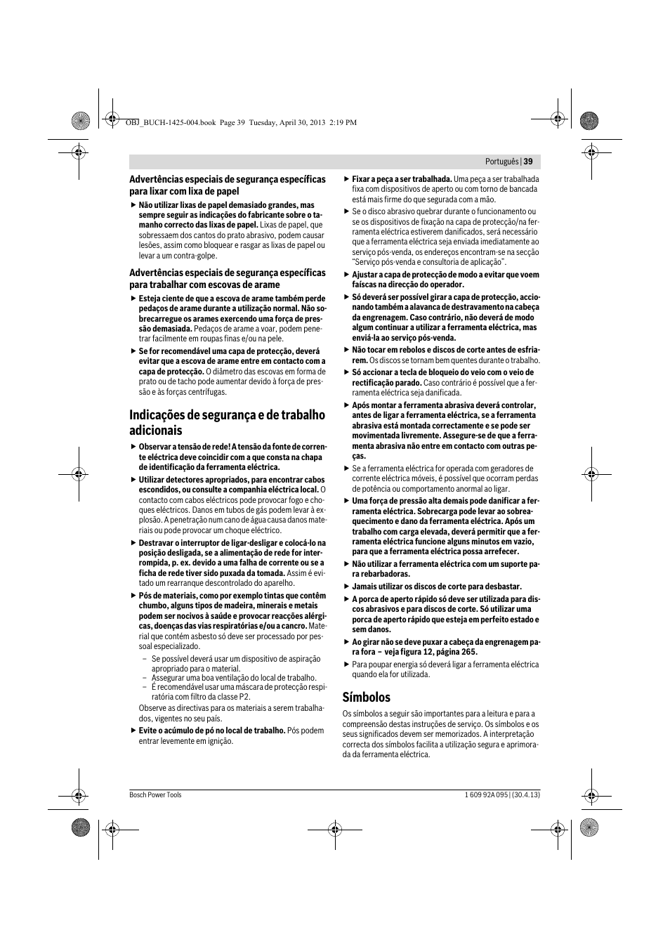 Indicações de segurança e de trabalho adicionais, Símbolos | Bosch GWS 9-125 Professional User Manual | Page 39 / 270