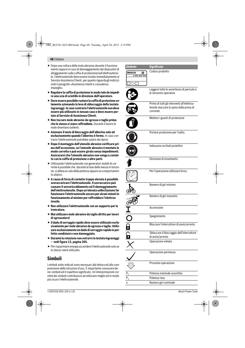 Simboli | Bosch GWS 9-125 Professional User Manual | Page 48 / 270