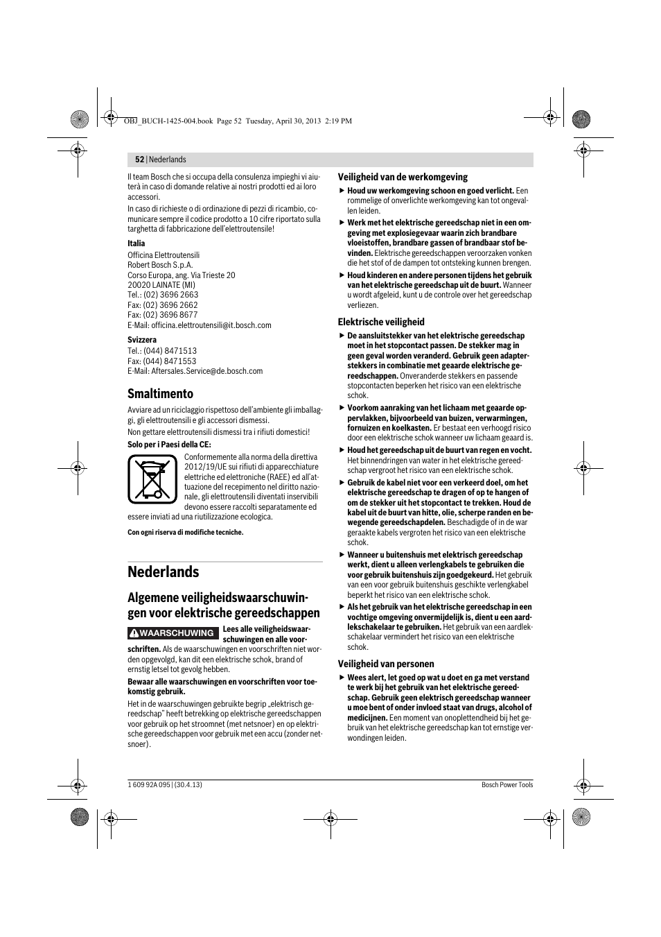 Nederlands, Smaltimento | Bosch GWS 9-125 Professional User Manual | Page 52 / 270