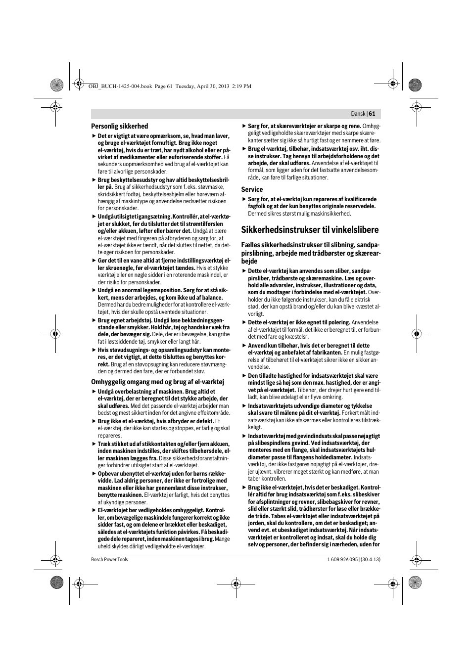Sikkerhedsinstrukser til vinkelslibere | Bosch GWS 9-125 Professional User Manual | Page 61 / 270