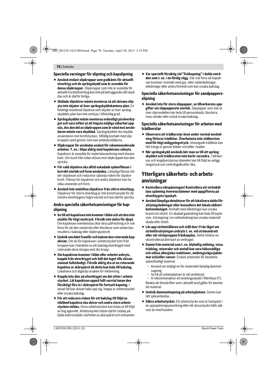Ytterligare säkerhets- och arbets- anvisningar | Bosch GWS 9-125 Professional User Manual | Page 70 / 270