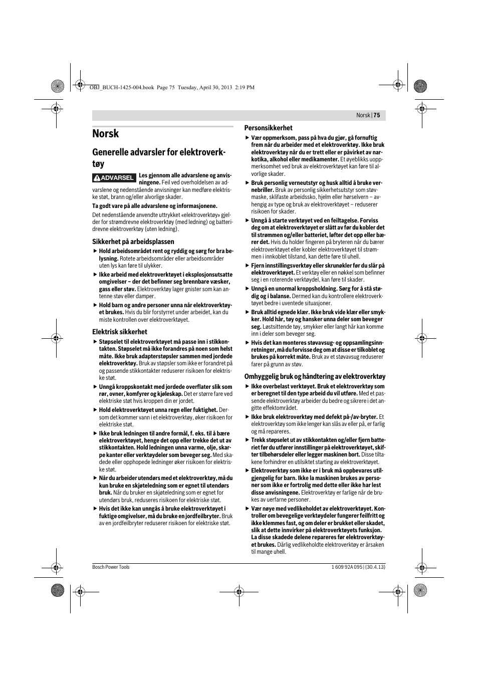 Norsk, Generelle advarsler for elektroverk- tøy | Bosch GWS 9-125 Professional User Manual | Page 75 / 270