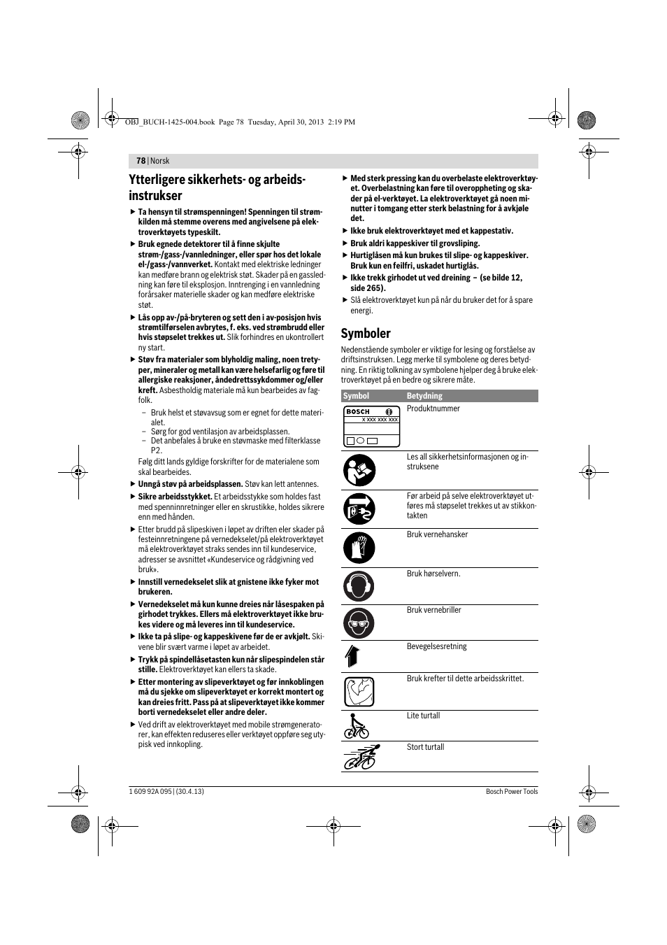 Ytterligere sikkerhets- og arbeids- instrukser, Symboler | Bosch GWS 9-125 Professional User Manual | Page 78 / 270