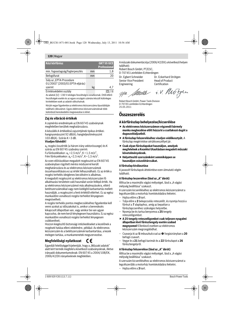 Összeszerelés | Bosch GKT 55 GCE Professional User Manual | Page 120 / 208