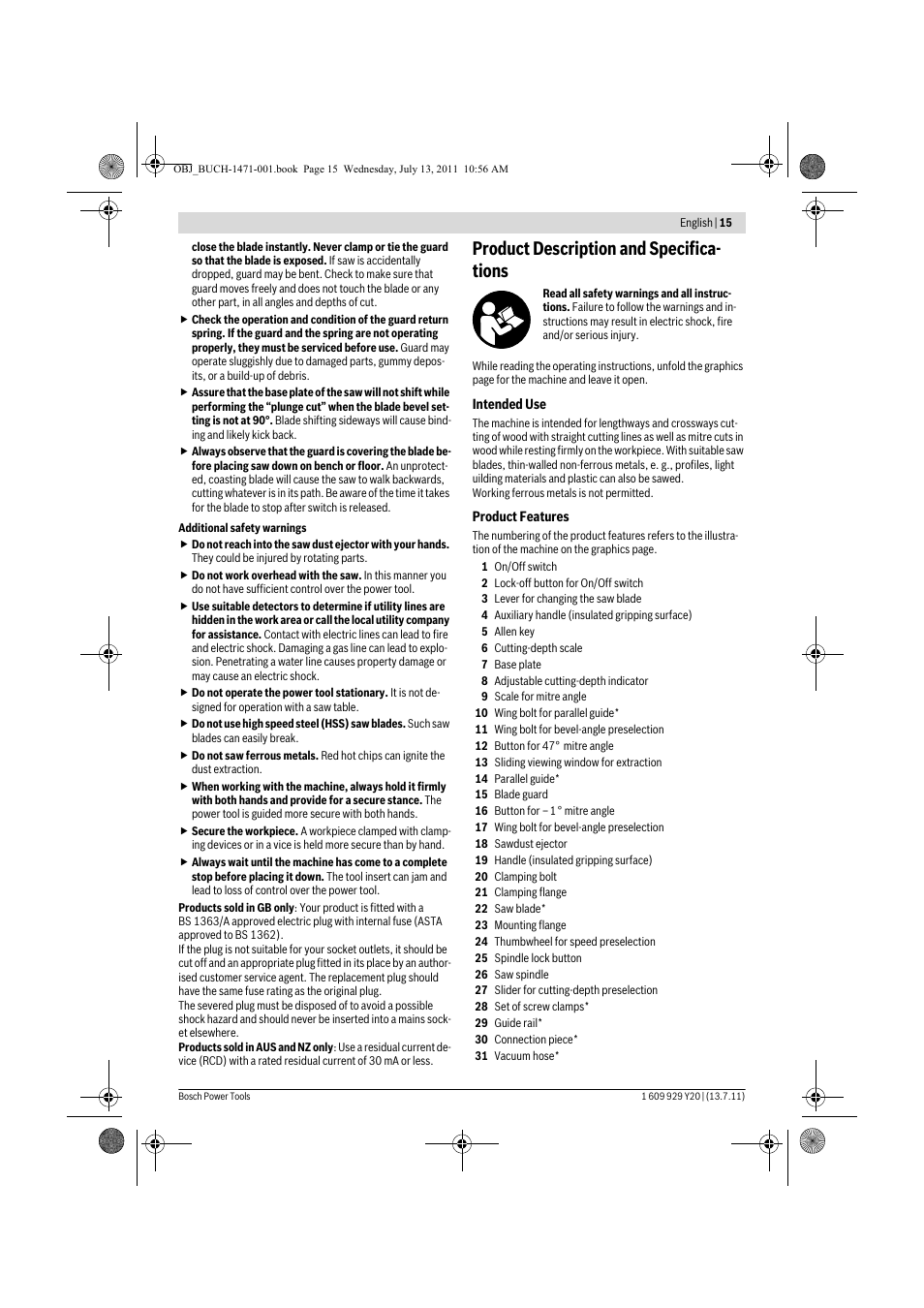 Product description and specifica- tions | Bosch GKT 55 GCE Professional User Manual | Page 15 / 208