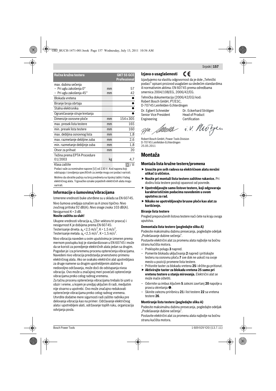 Montaža | Bosch GKT 55 GCE Professional User Manual | Page 157 / 208