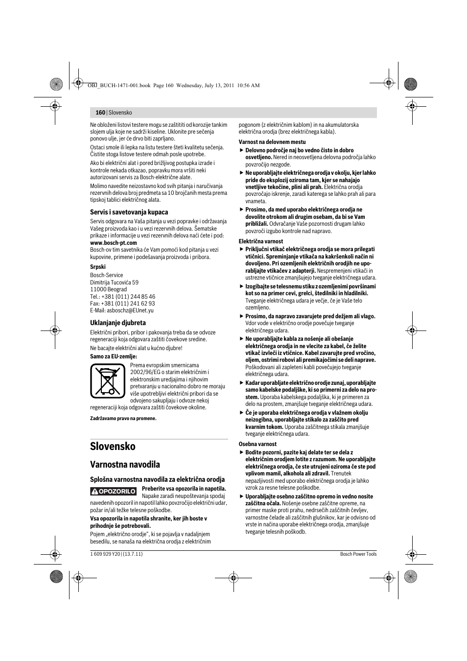 Slovensko, Varnostna navodila | Bosch GKT 55 GCE Professional User Manual | Page 160 / 208