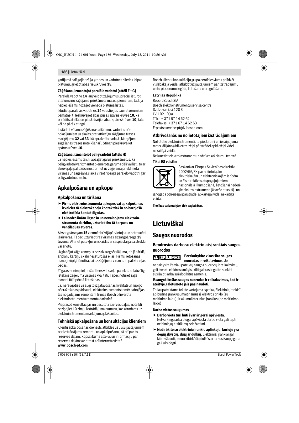 Lietuviškai, Apkalpošana un apkope, Saugos nuorodos | Bosch GKT 55 GCE Professional User Manual | Page 186 / 208