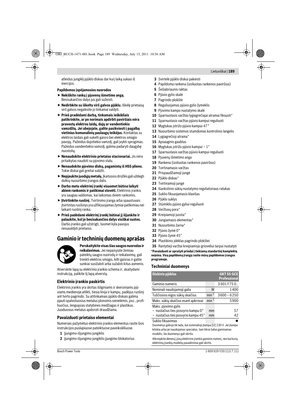Gaminio ir techninių duomenų aprašas | Bosch GKT 55 GCE Professional User Manual | Page 189 / 208