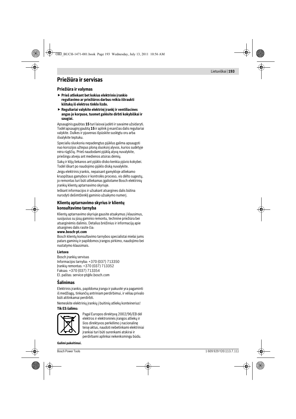 Priežiūra ir servisas | Bosch GKT 55 GCE Professional User Manual | Page 193 / 208