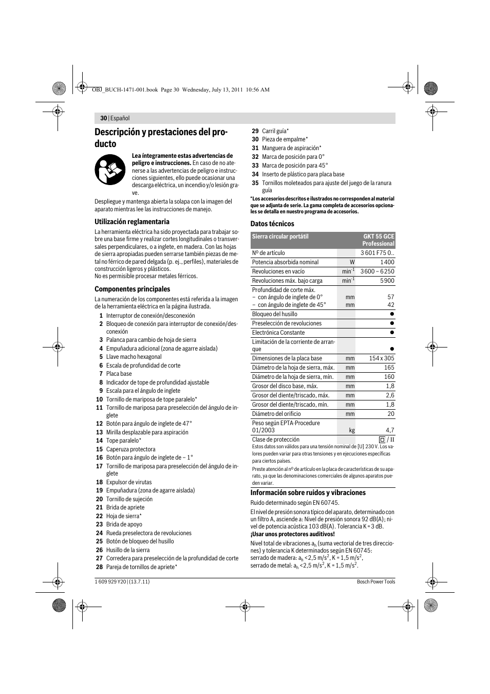 Descripción y prestaciones del pro- ducto | Bosch GKT 55 GCE Professional User Manual | Page 30 / 208