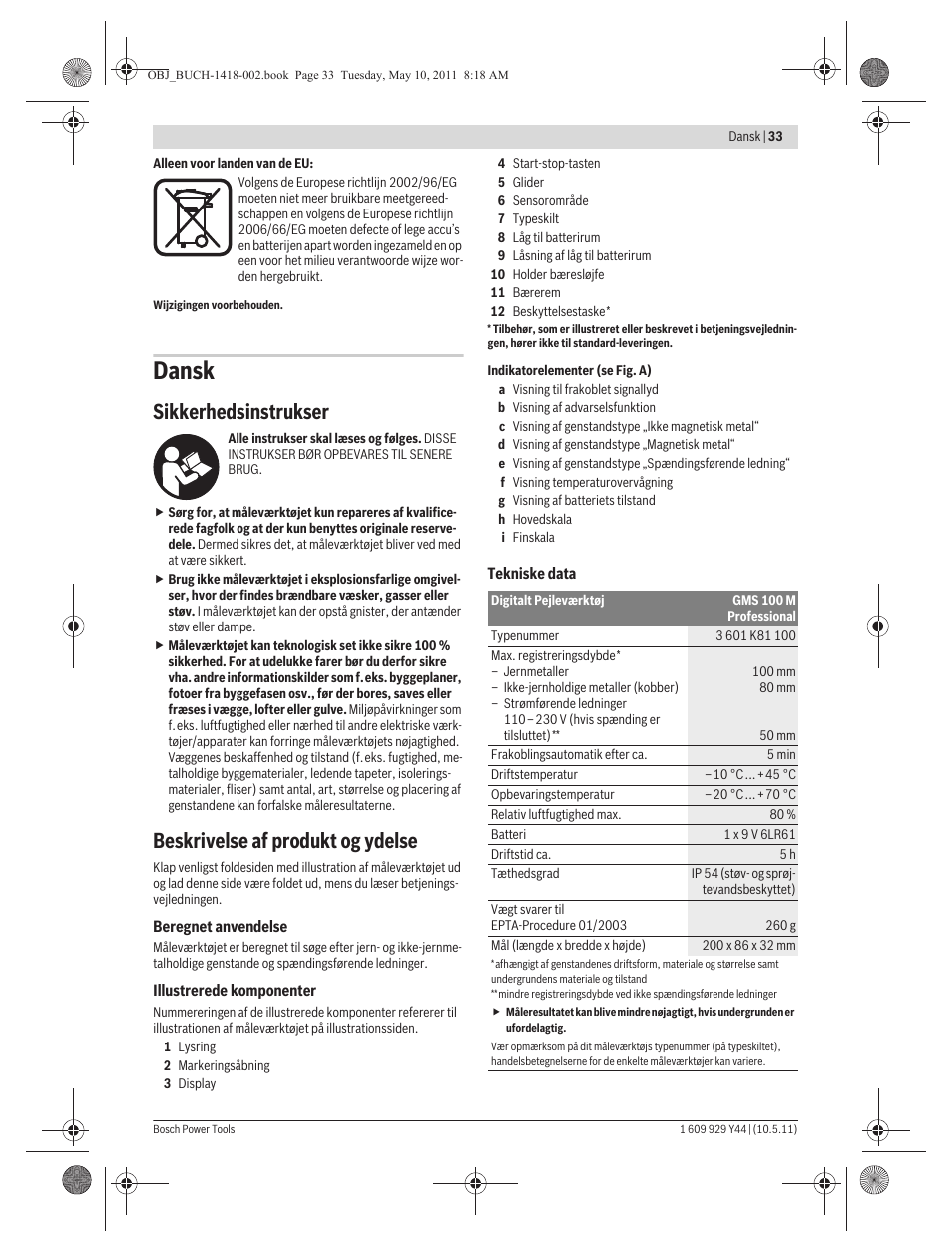 Dansk, Sikkerhedsinstrukser, Beskrivelse af produkt og ydelse | Bosch GMS 100 M Professional User Manual | Page 33 / 130