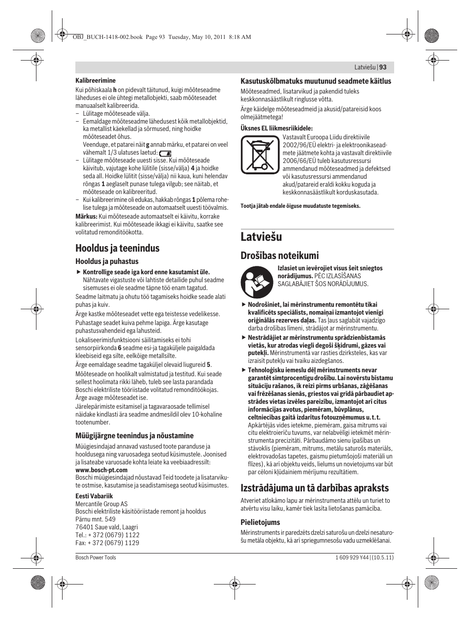 Latviešu, Hooldus ja teenindus, Izstrādājuma un tā darbības apraksts | Bosch GMS 100 M Professional User Manual | Page 93 / 130