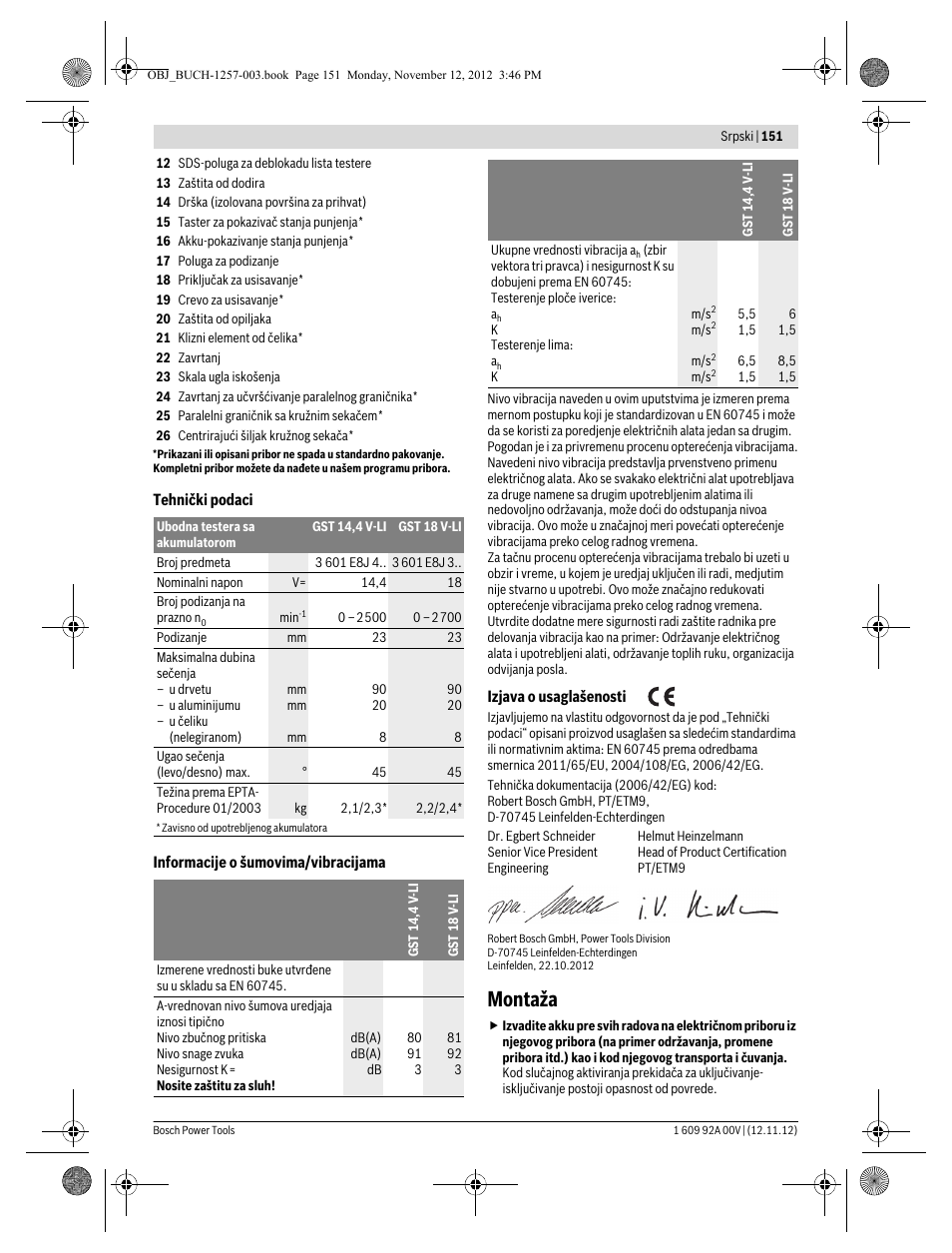 Montaža | Bosch GST 18 V-LI Professional User Manual | Page 151 / 206