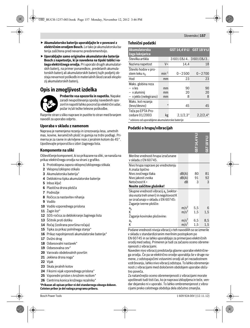 Opis in zmogljivost izdelka | Bosch GST 18 V-LI Professional User Manual | Page 157 / 206