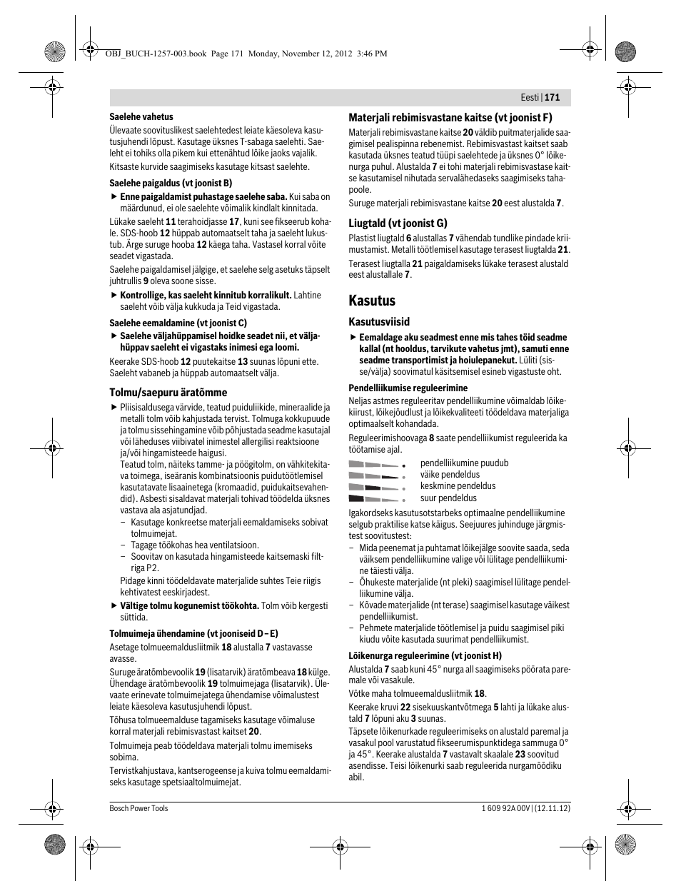 Kasutus | Bosch GST 18 V-LI Professional User Manual | Page 171 / 206