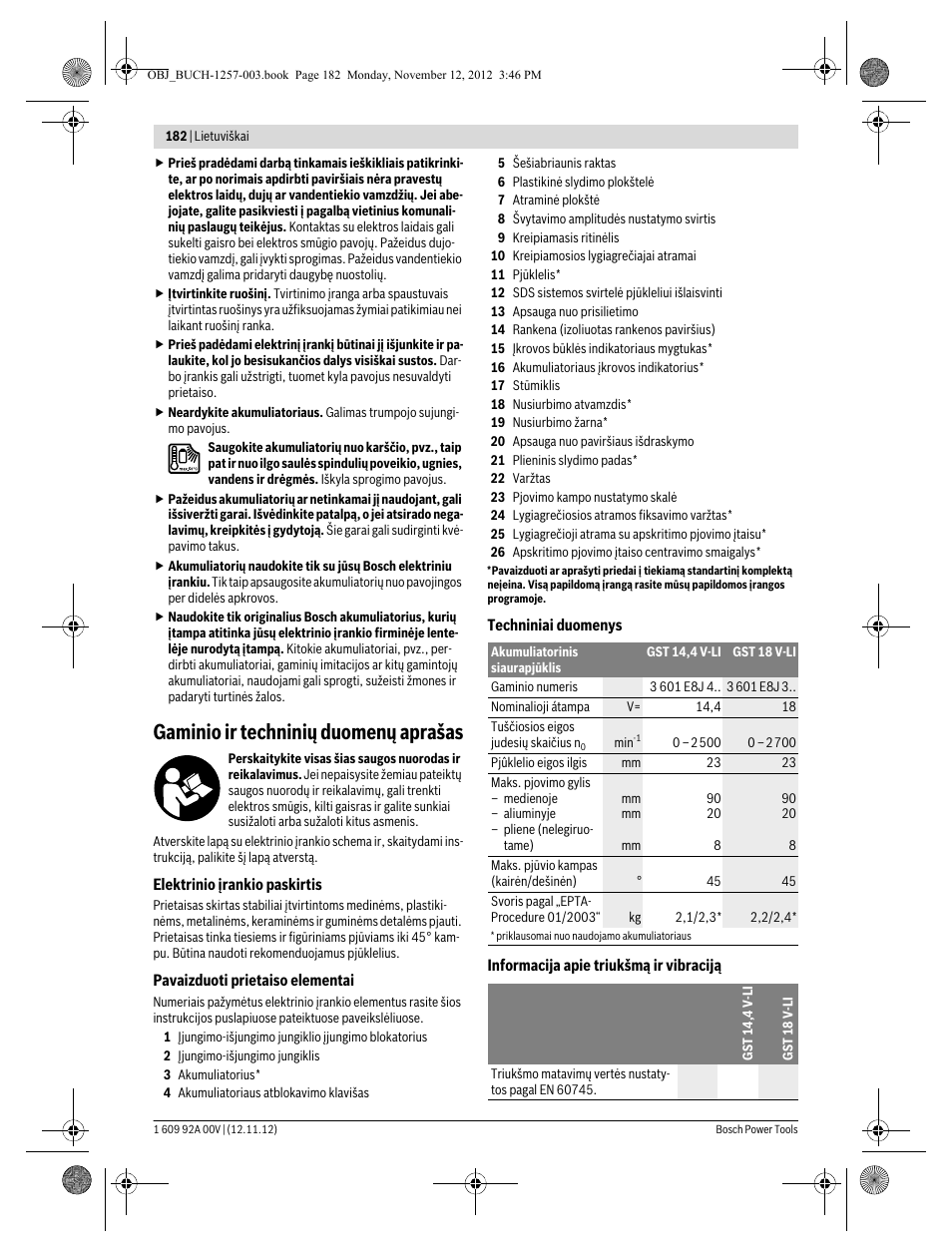Gaminio ir techninių duomenų aprašas | Bosch GST 18 V-LI Professional User Manual | Page 182 / 206