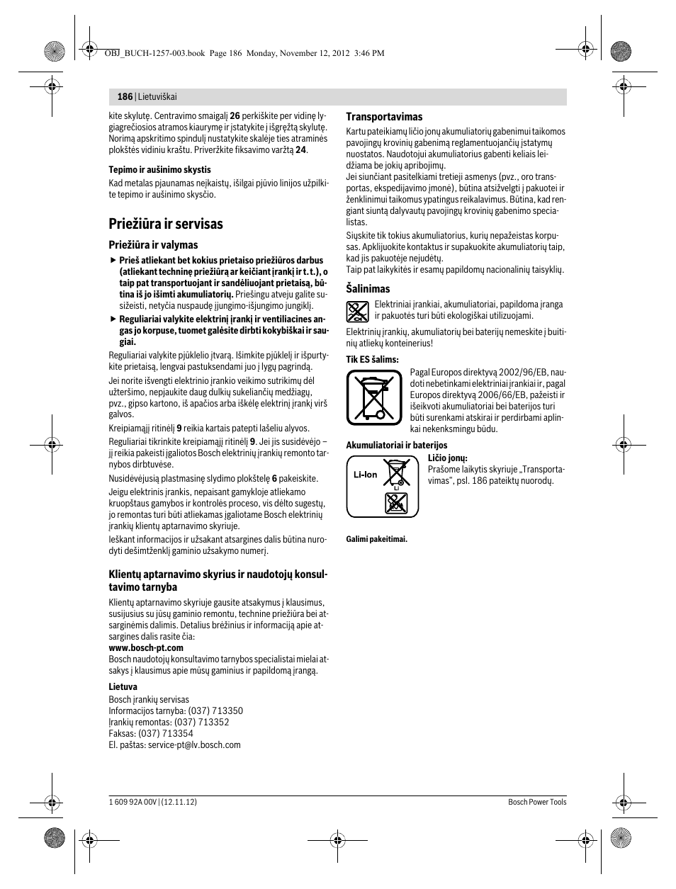 Priežiūra ir servisas | Bosch GST 18 V-LI Professional User Manual | Page 186 / 206