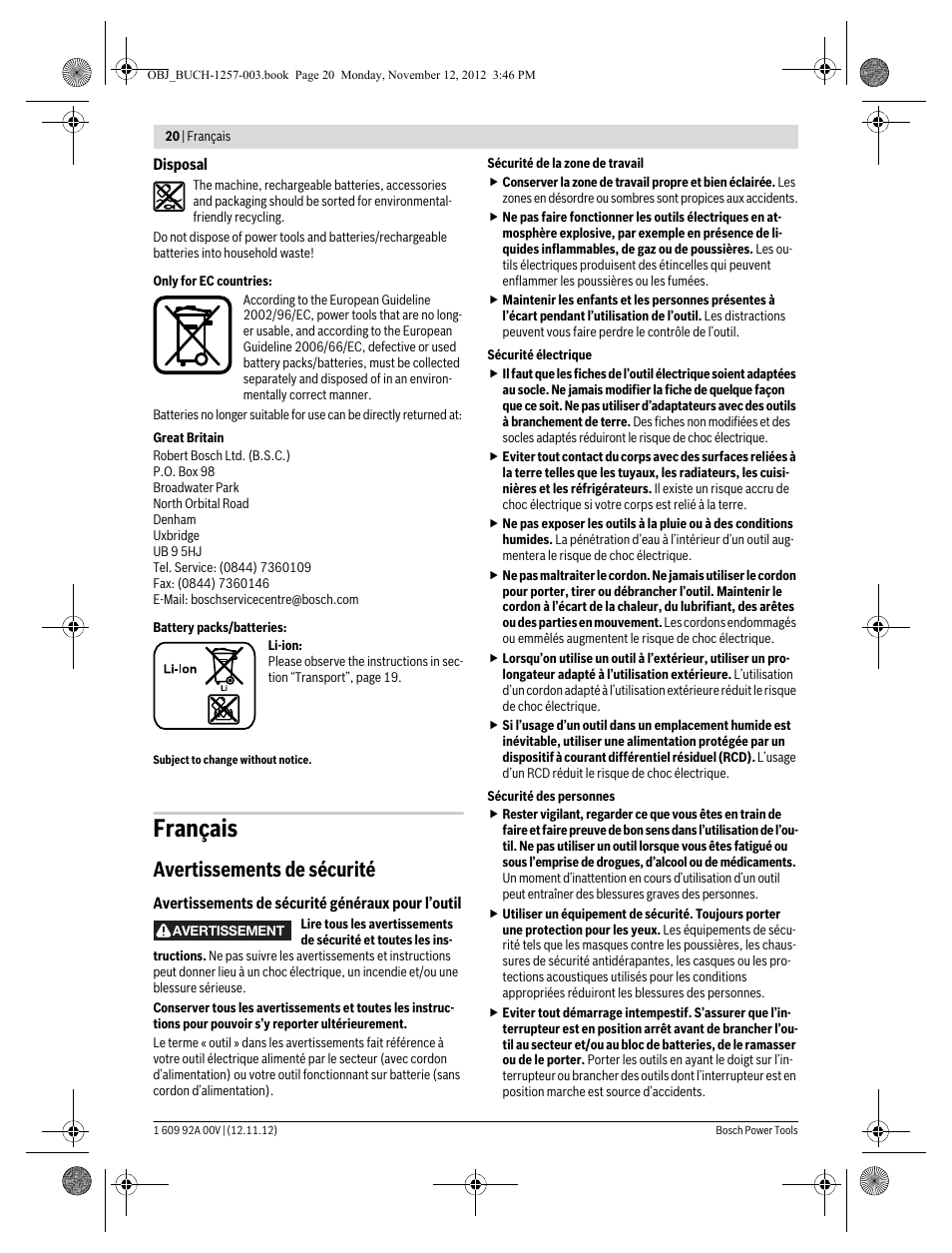 Français, Avertissements de sécurité | Bosch GST 18 V-LI Professional User Manual | Page 20 / 206